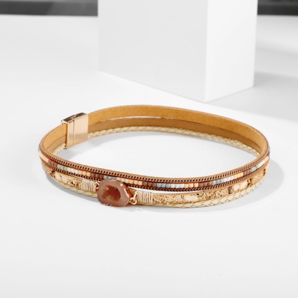 Bohemian Quartz Leather Wrap Bangle Bracelet - Picture 5 of 9